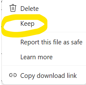 Download menu showing Keep option to save the file
