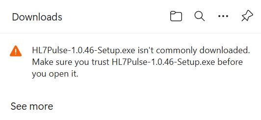 Browser download warning showing 'HL7Pulse Setup.exe isn't commonly downloaded'