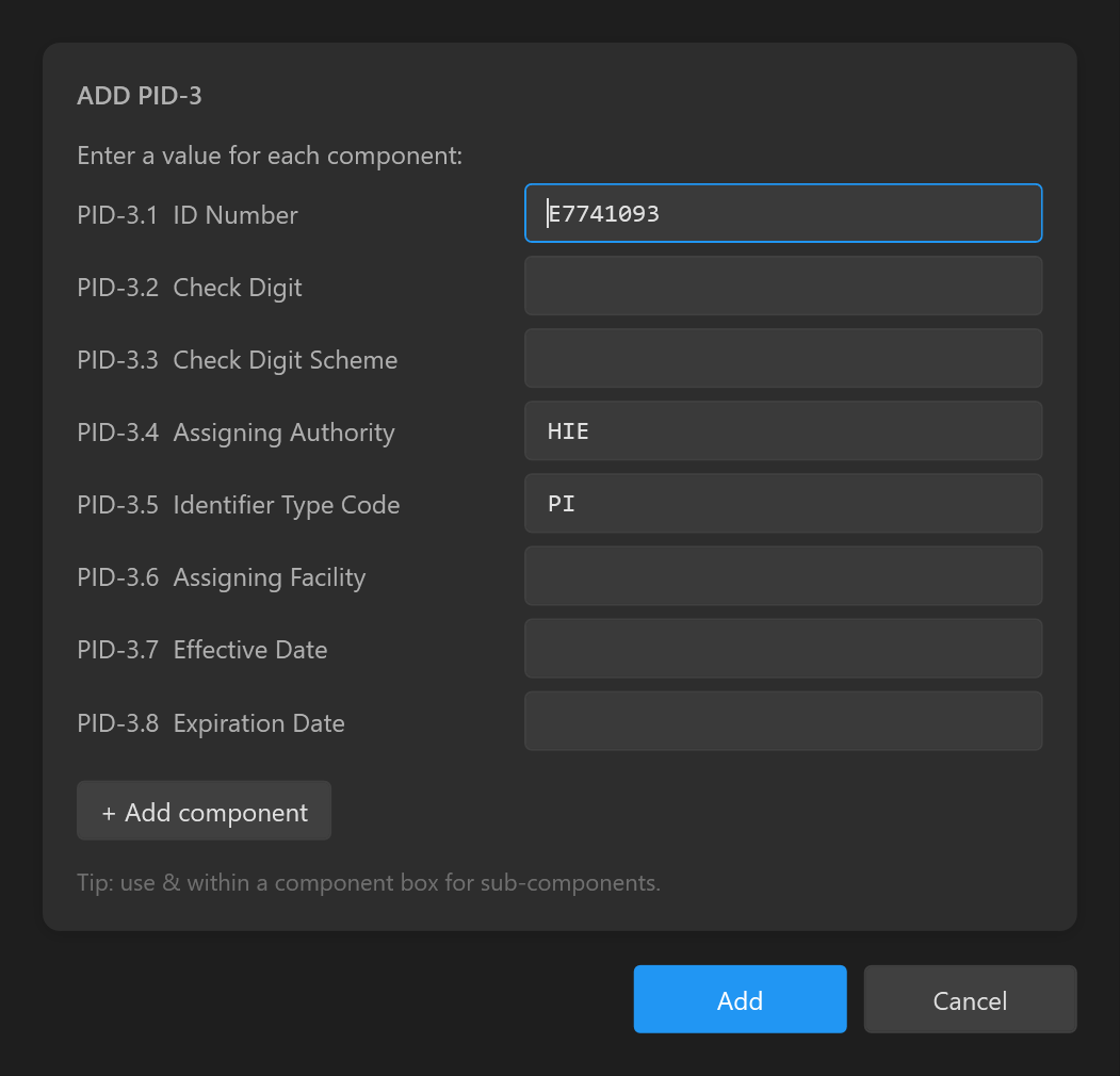 Add Field for PID-3 with a box for each named component