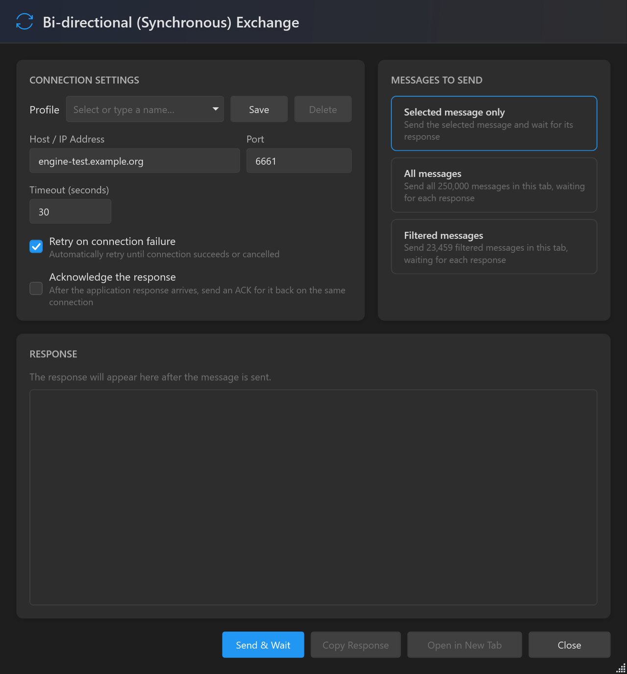 The Bi-directional (Synchronous) Exchange window with connection settings, messages to send and the response panel