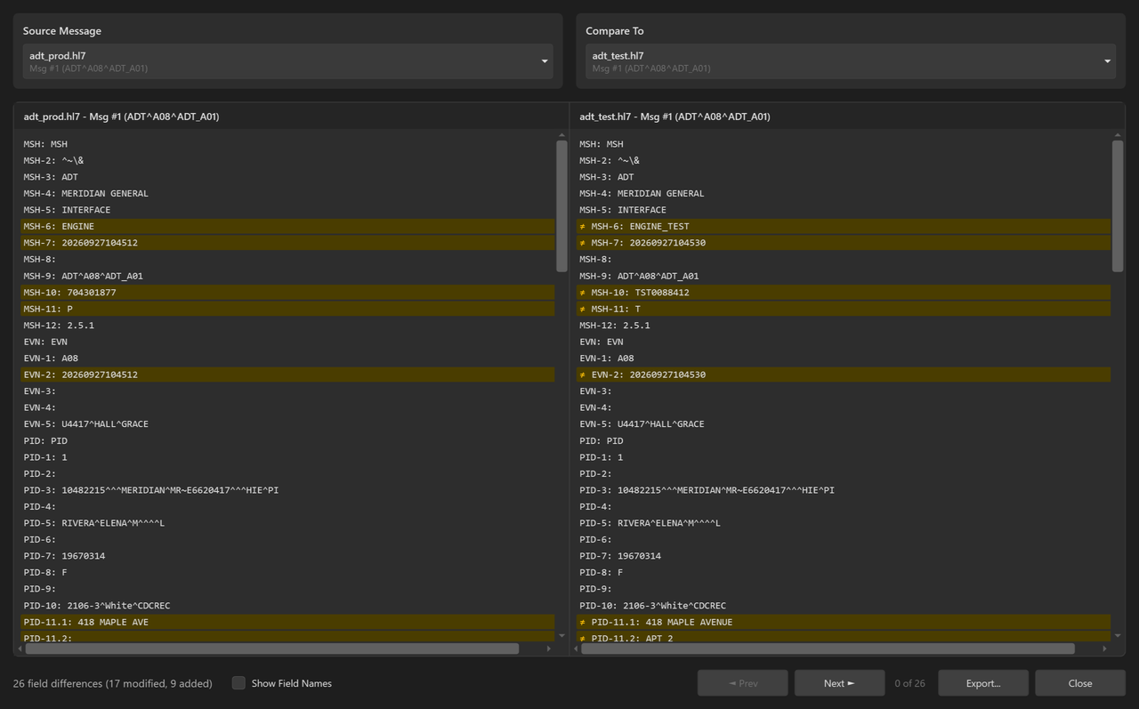 Compare Messages showing the same patient update from production and test with the differing fields highlighted