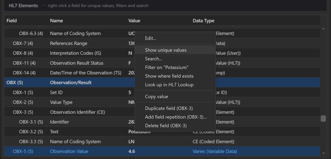 The right-click menu on a lab test name in HL7 Elements
