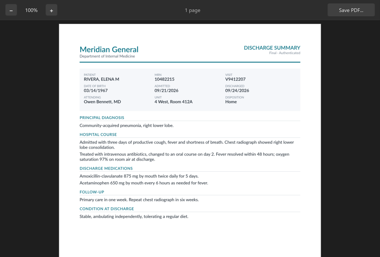 The PDF viewer showing a synthetic discharge summary