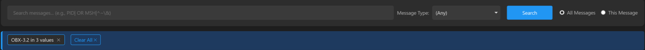 The filter bar showing a chip for OBX-3.2 in 3 values and Clear All