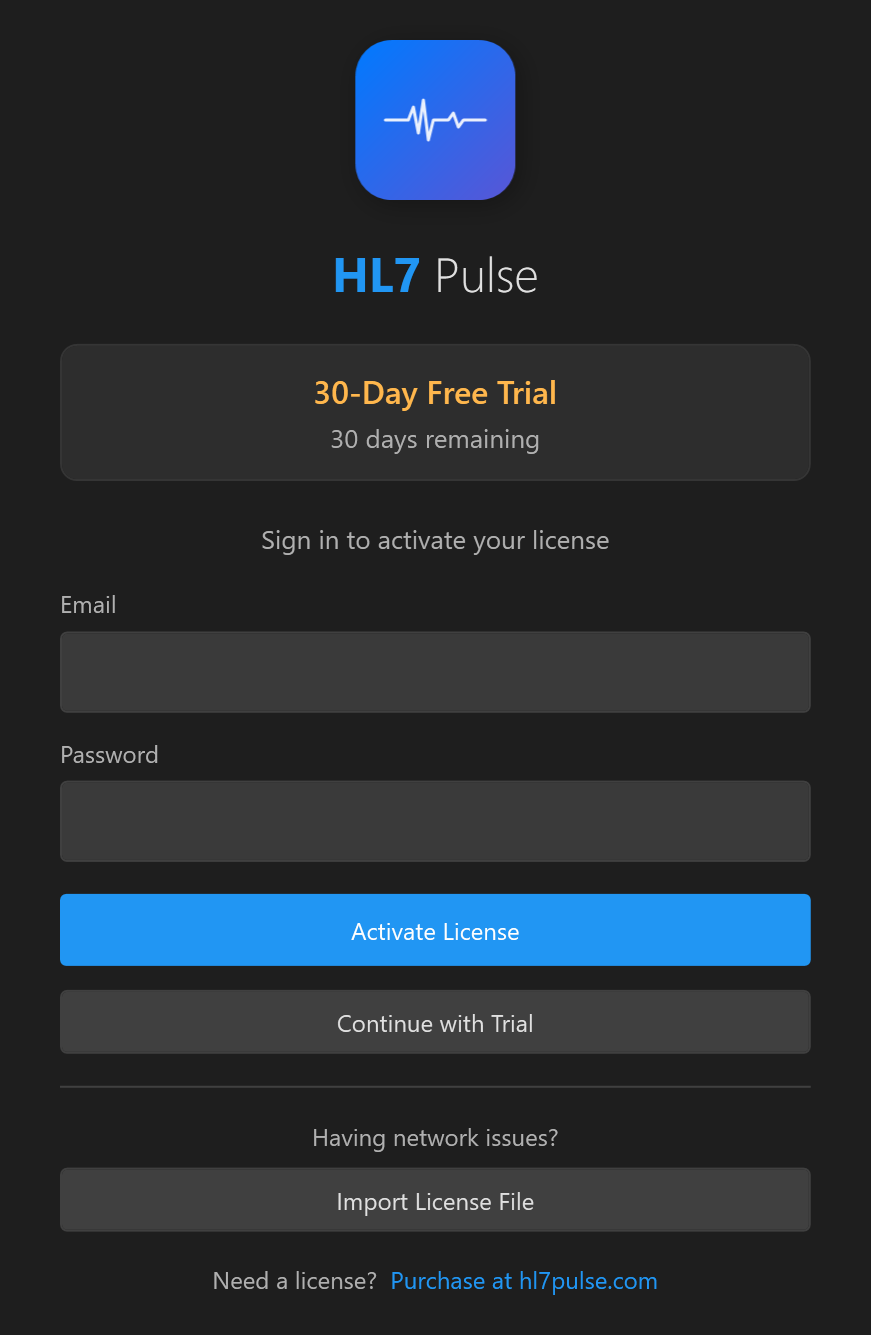 The license window showing the 30-day free trial with email, password and Activate License