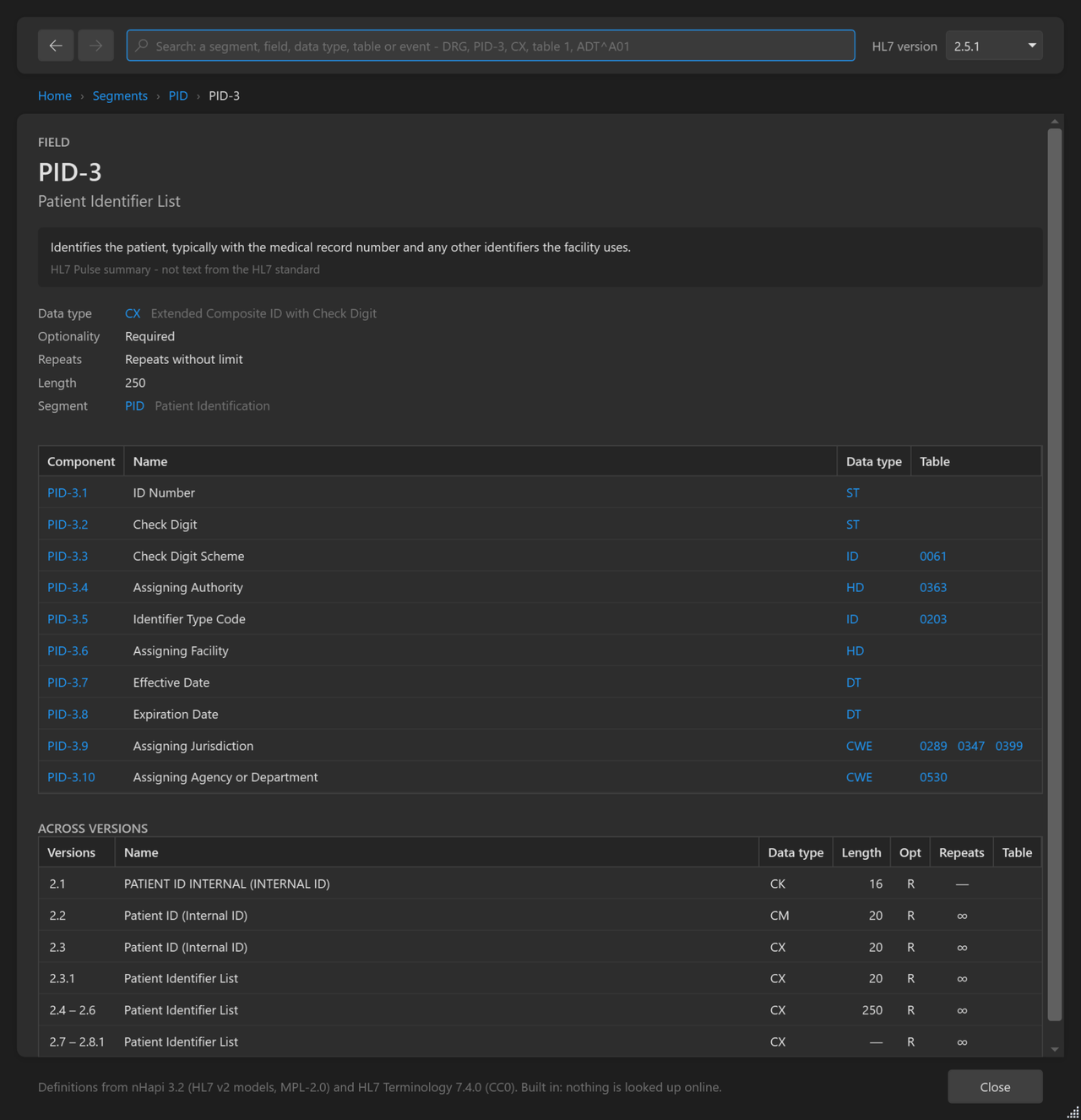 The HL7 Lookup page for PID-3, Patient Identifier List, with its components and its definition across versions