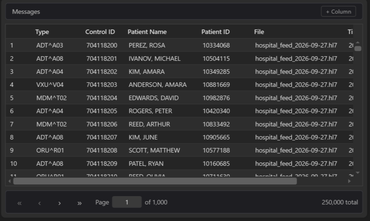 The Messages panel listing ADT, ORU, MDM and VXU messages with paging controls