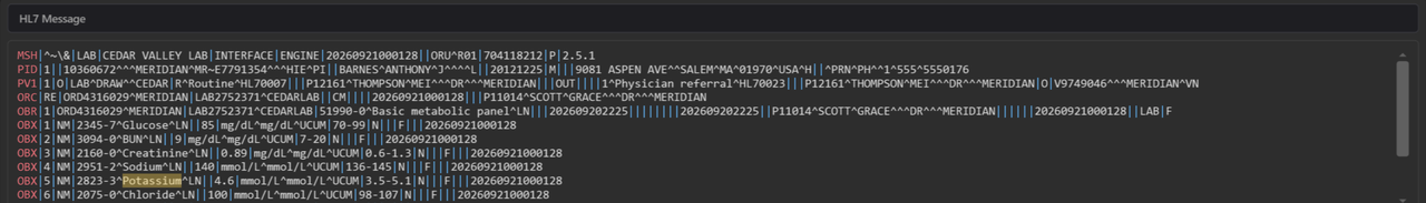 The HL7 Message panel showing a lab result with the search term Potassium highlighted
