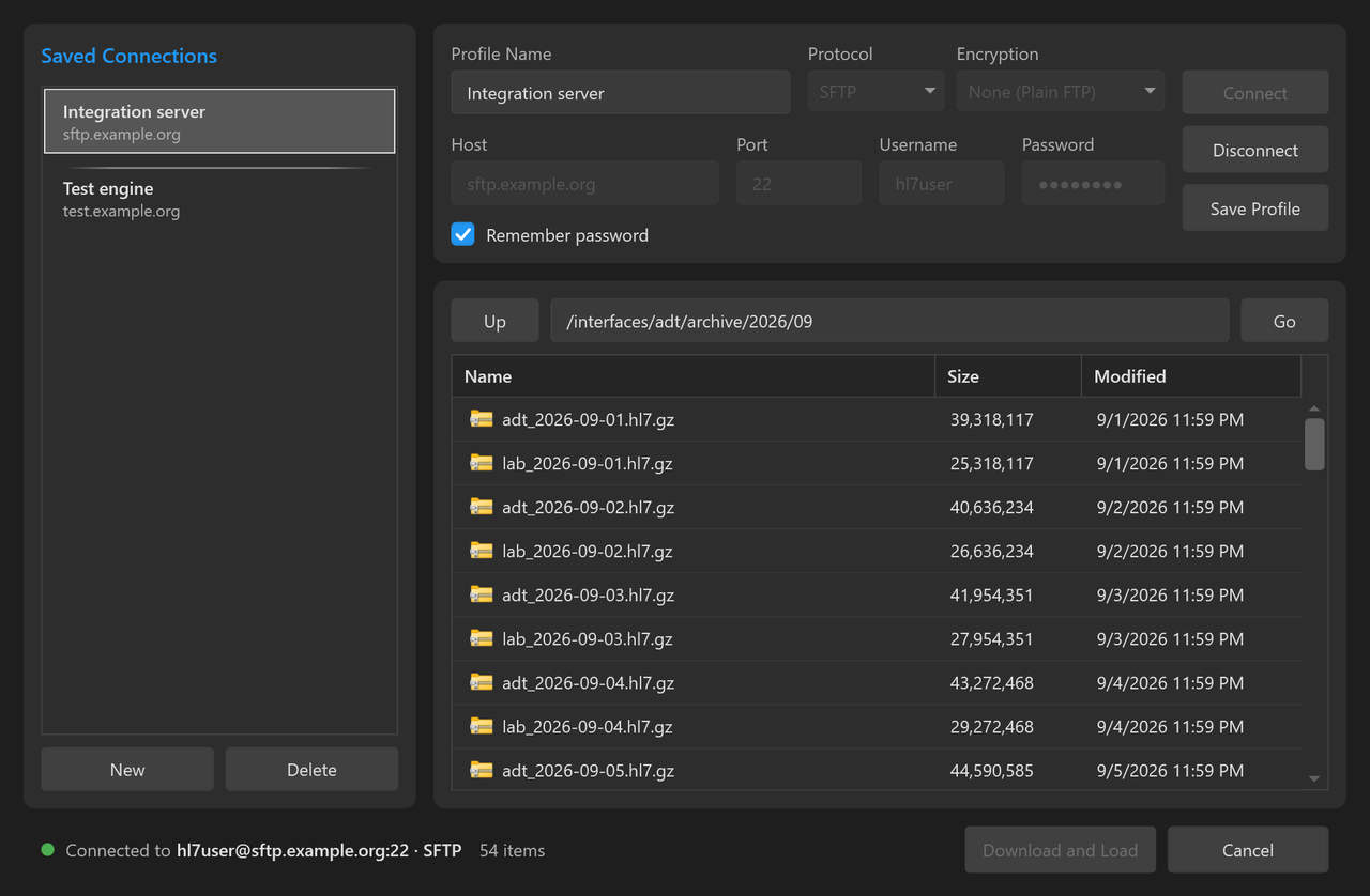 The Remote Files window connected to an SFTP server, listing a folder of HL7 files