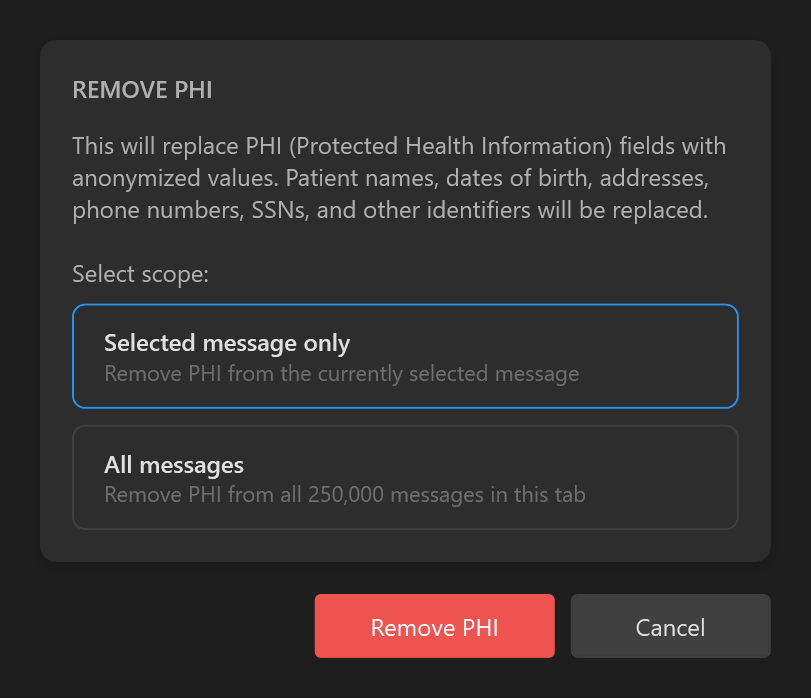 The Remove PHI window with Selected message only and All messages