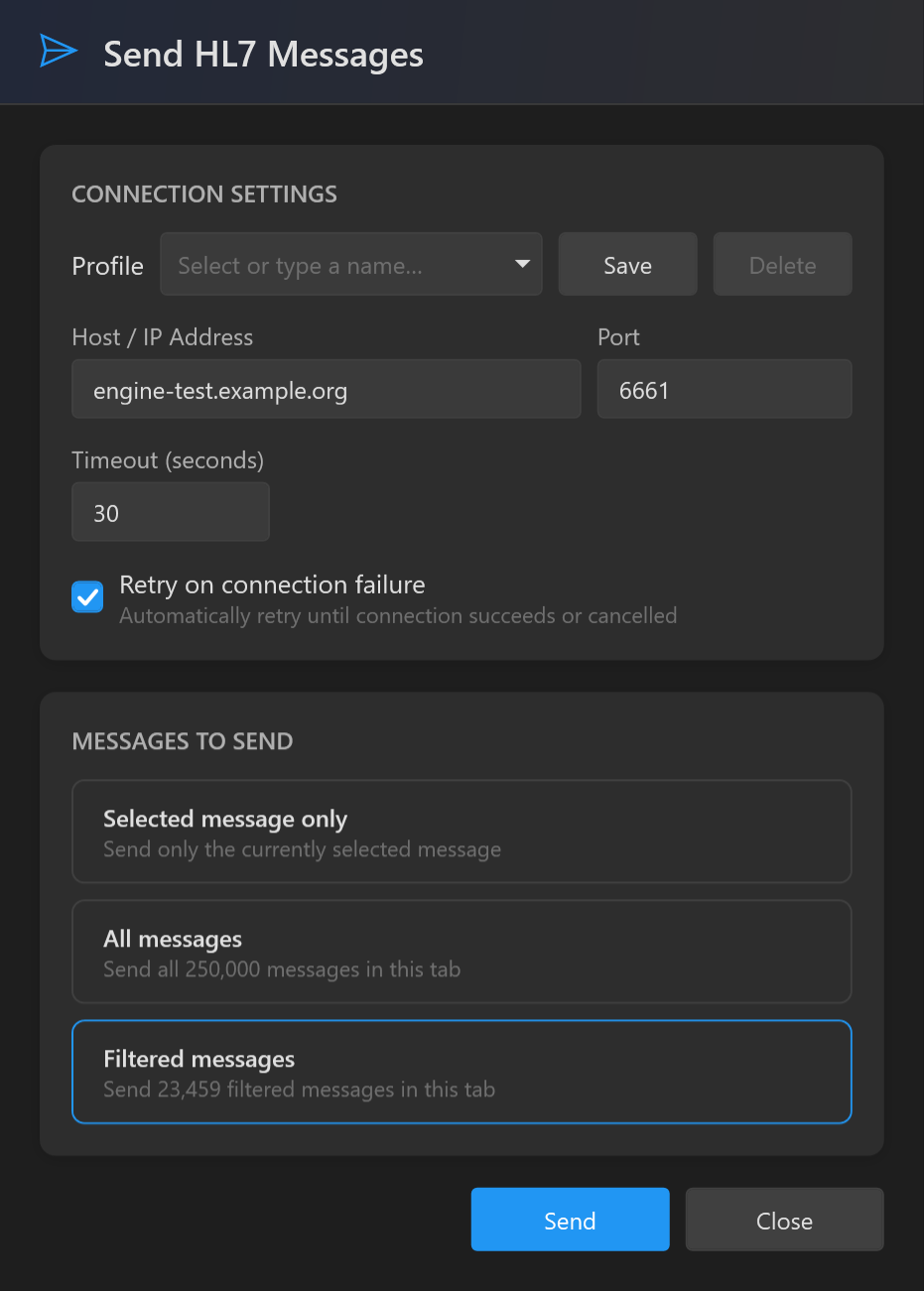 Send HL7 Messages with host, port, timeout, retry and Filtered messages selected