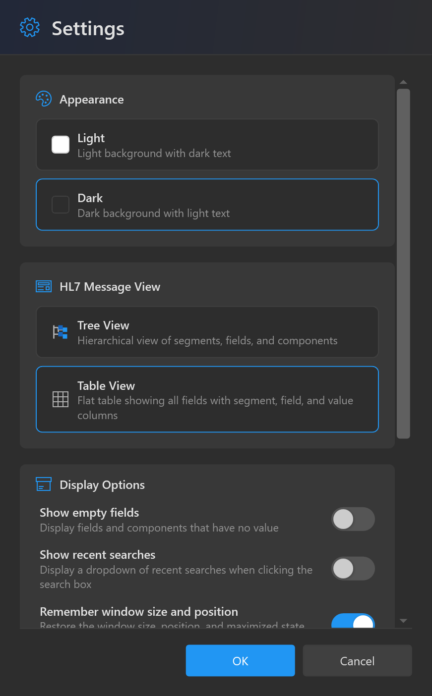 The Settings window with Appearance, HL7 Message View and Display Options