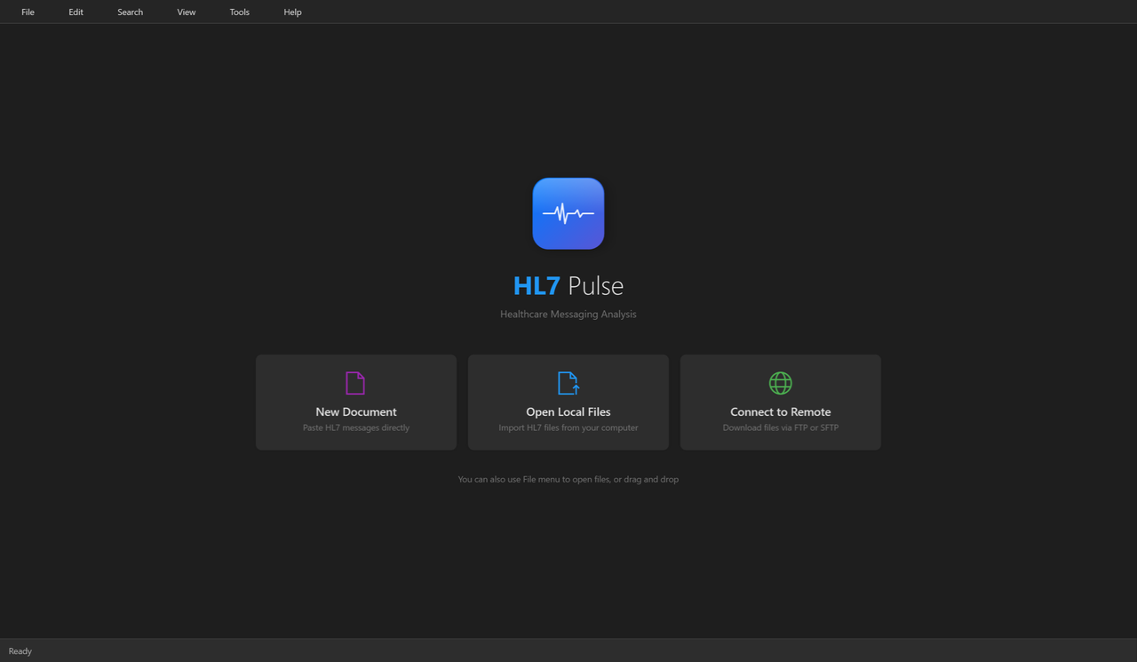 The HL7 Pulse welcome screen with New Document, Open Local Files and Connect to Remote