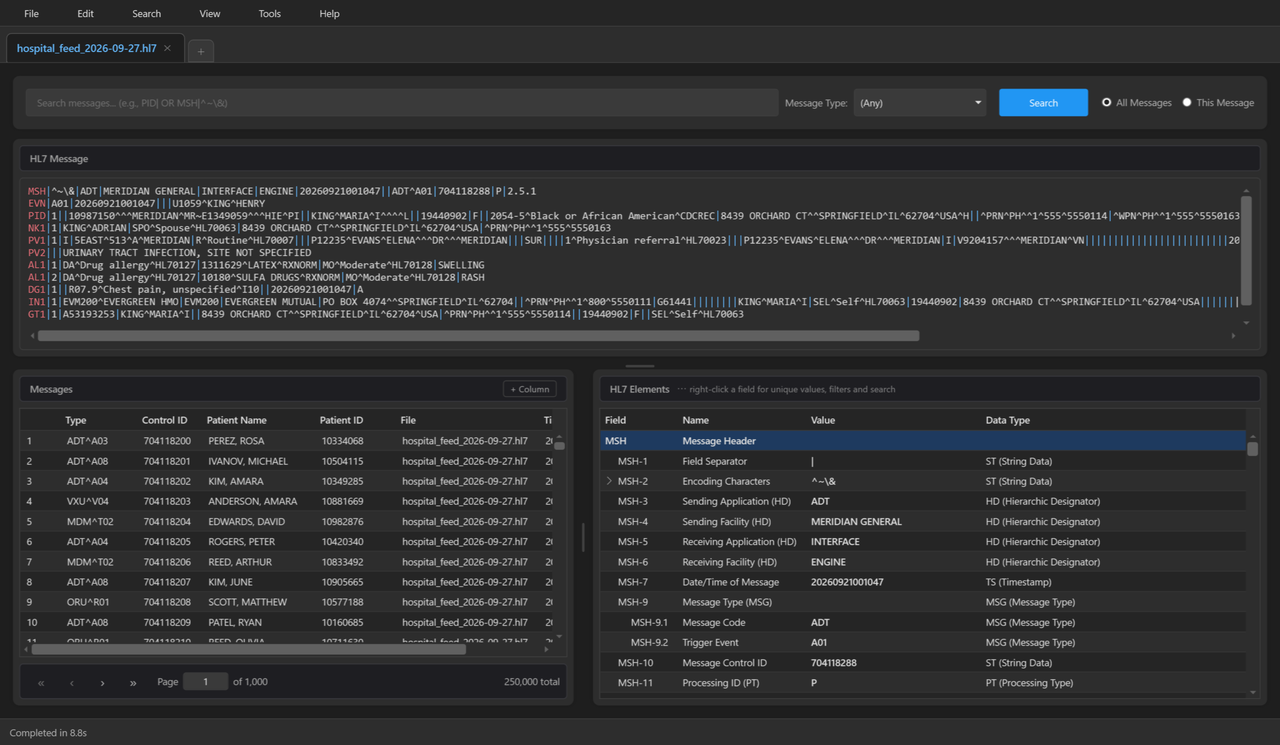 HL7 Pulse showing an admission message as raw text, the message list and its parsed fields